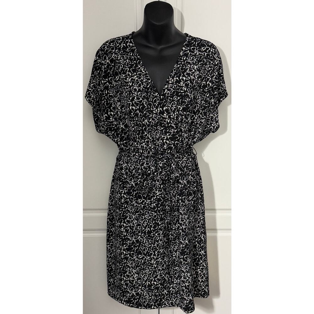 Nine West Black/White Faux Wrap Dress with Dolman Sleeve Self Belt Size XL NWOT